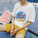 子俊2016年圆领白色夏季新款韩国街拍小清新卡通印花潮男短袖T恤