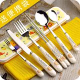 小熊卡通韩国学生便携餐具三件套不锈钢筷子套装叉勺礼品旅行盒