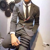韩国夏款男士西服套装 韩版修身小西装外套彩条拼接 加大码两件套