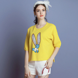 MIUCO女装2016秋卡通长耳朵亮片兔子圆领中袖时尚宽松休闲针织衫
