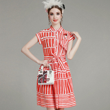 MIUCO女装2016夏季新品卡通刺绣翻领包肩袖修身红白条纹连衣裙潮