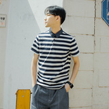 耳日夏季新款韩版原创个性方领短袖t恤男日系复古修身条纹POLO衫