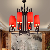 中式红色灯罩吊灯 圆形仿古茶楼个性吊灯几何布艺灯具圆环吊灯6头