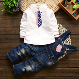 2016儿童装男童牛仔背带裤套装0-1岁2岁3岁宝宝长袖衬衫两件套潮