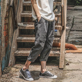 LMTNZD原创复古美式街头烟灰色八分裤 夏季立体剪裁宽松工装裤男