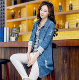 2016春季韩版牛仔外套女式中长款单排扣风衣薄款破洞宽松牛仔上衣