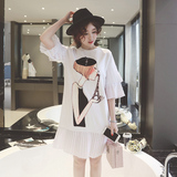 连衣裙夏季韩版甜美印花雪纺拼接裙子蘑菇街宽松直筒中长款百褶裙
