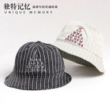韩国新款条纹字母圆顶渔夫帽子 男女夏季光身盆帽 折叠布帽遮阳帽