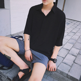 夏季韩版青少年纯色雪纺衬衫男宽松薄款学生七分中袖潮流休闲衬衣