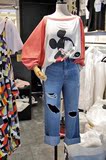 2016韩国东大门代购 米老鼠米奇印花露背一字领拼接长袖T恤女上衣
