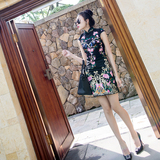 中国风复古优雅修身显瘦少女刺绣日常改良黑色旗袍短款连衣裙夏女