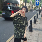 韩国ulzzang夏季女装一字领露肩复古迷彩宽松中长款原宿风短袖T恤