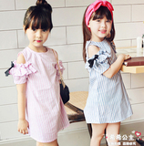 韩国童装女童2016夏款儿童清新竖条纹露肩纯棉连衣裙大童亲子裙子
