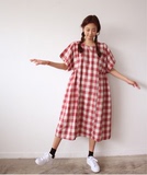 韩国chic风 oversize 小众 超宽松 格子 短袖 连衣裙长裙
