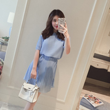 露肩连衣裙雪纺夏季韩国短袖中长款百褶蓝色性感沙滩裙显瘦小清新