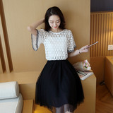 2016夏季新款韩版甜美淑女蕾丝上衣+雪纺中长款半身裙两件套装裙