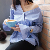 韩国代购女装 前短后长设计喇叭袖长袖系带大V领条纹衬衫上衣女秋