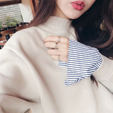 韩国代购秋装 潮牌条纹衬衫袖拼接假两件纯色薄款卫衣女宽松短款