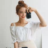 2016韩国夏季新款小清新性感荷叶边一字领露肩吊带纯色衬衫上衣女
