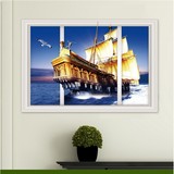 创意3d仿真假窗户风景墙贴纸海洋帆船儿童房客厅卧室宿舍寝室装饰