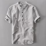 高品质圆领男士纯亚麻衬衫 中国风立领男版短袖棉麻休闲衬衣4分袖