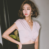 2016夏新款韩版女装v领t恤上衣性感露脐短袖衫百搭低胸t恤棉质潮