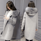 韩国代购2016秋季新款毛领大衣 韩版女装加厚中长款羊毛呢外套女