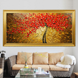 客厅油画欧式招财发财树手绘挂画现代简约装饰画有框抽象壁画横版