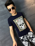 2016夏季新款男士欧韩版时尚修身个性3D骷髅头印花休闲短袖T恤潮