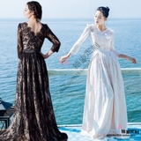 韩国奢华七分袖长裙年会晚礼服高贵优雅气质时尚蕾丝连衣裙宴会裙