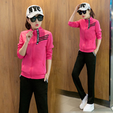 2016秋冬季韩版时尚长袖开衫长裤休闲两件套 女士跑步运动服套装