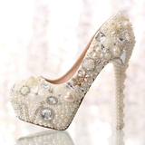 LOVE珍珠水钻婚鞋防水台白色新娘水晶鞋超高跟鞋浅口红色女鞋