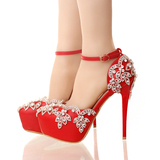 红色超高跟婚鞋白色水钻礼服鞋细跟一字式扣带女凉鞋防水台新娘鞋
