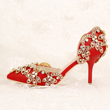 红色新娘鞋水晶钻超高跟细跟拍婚纱照鞋浅口夏季婚鞋女鞋凉鞋新品