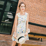 Chong R 2016夏季新款无袖抽绳连衣裙 韩版修身印花裙子