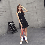 夏季新款2016韩版修身显瘦双排扣雪纺连衣裙高腰时尚背带裙短裙女