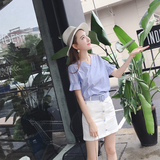 夏季新款2016韩版宽松显瘦V领条纹喇叭袖衬衣两件套半身裙套装女