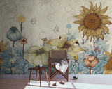 中式手绘田园花卉大型壁画油画复古向日葵客厅背景墙纸影视墙壁纸