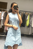 于MOMO定制夏季无袖宽松衬衫连衣裙韩版短裙a字粉色蓝色裙波浪边