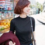2016初秋韩版女装半高领五分袖针织衫女修身紧身纯色套头中袖打底