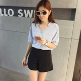 2016夏季韩版新款V领五分袖竖条纹衬衫+短裤时尚休闲两件套装女潮