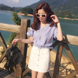 2016夏季新款韩版百搭V领条纹上衣+半身短裙子时尚休闲两件套装女