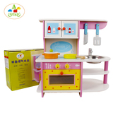 儿童过家家仿真木质粉色厨房煤气灶柜子做饭游戏早教玩具