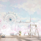 手绘梦幻摩天轮花卉水彩壁画 客厅卧室背景墙纸 定制个性唯美壁纸