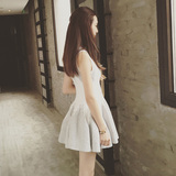 韩版2016夏新款无袖针织条纹修身显瘦白色A字蓬蓬裙短裙连衣裙女