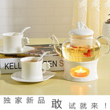 欧式花茶玻璃茶具套装陶瓷加热纯白色2杯2碟花草茶壶水果茶壶包邮