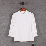 花溪◆恩系列专柜品牌折扣女装2016秋季新款纯色蕾丝拼接雪纺衫