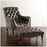 欧式美式乡村新古典单人沙发椅脚凳组合客厅真皮头层牛皮老虎椅