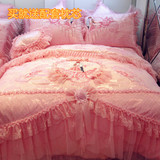 婚庆床品四件套纯棉蕾丝床罩被套结婚床上用品六七八件套大红粉色