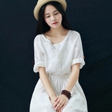 2016夏装新款韩版日系文艺小清新显瘦棉麻短袖中长款甜美连衣裙子